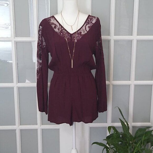 NEW BB Dakota Larsen Lace Paneled Romper in Aubergine - Picture 2 of 14